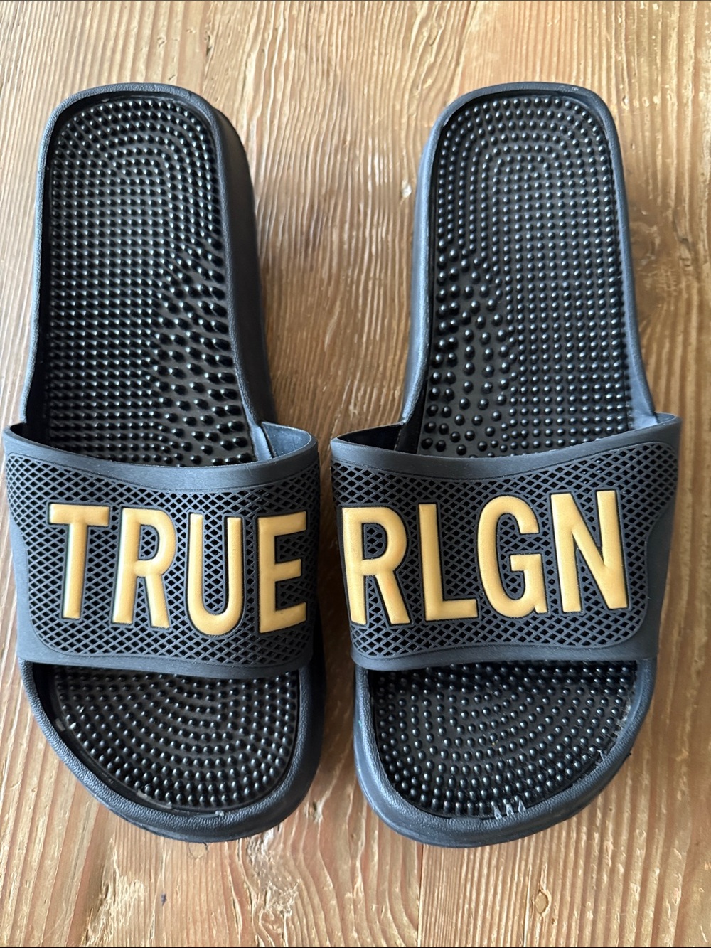 True Religion Black Slides with Gold Lettering